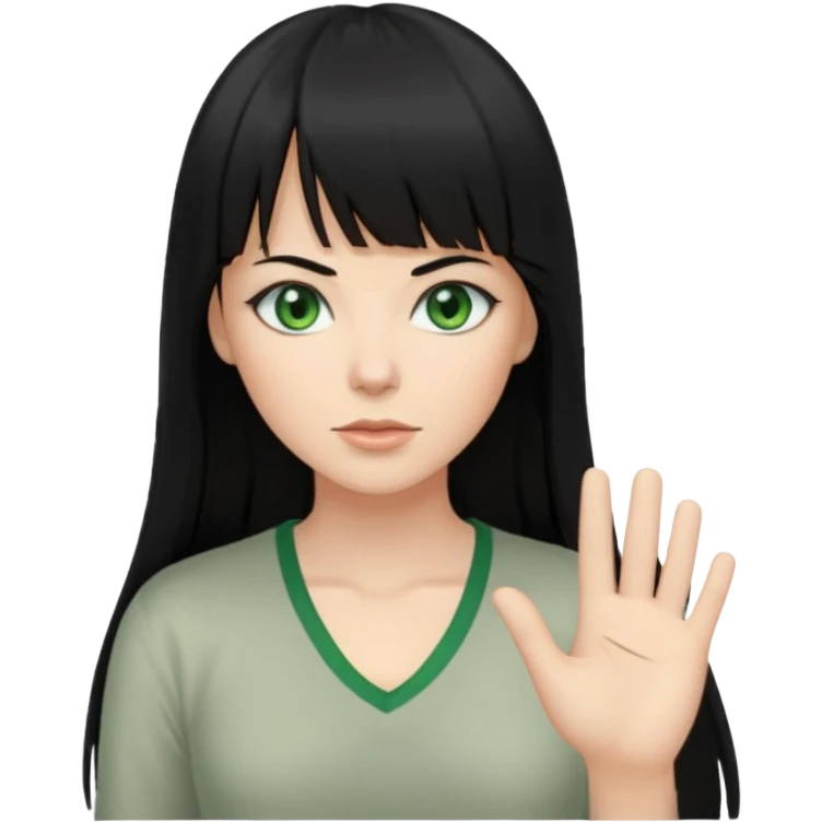 A white woman with Long straight hair with bangs, black hair, green eyes and a low-cut shirt emoji