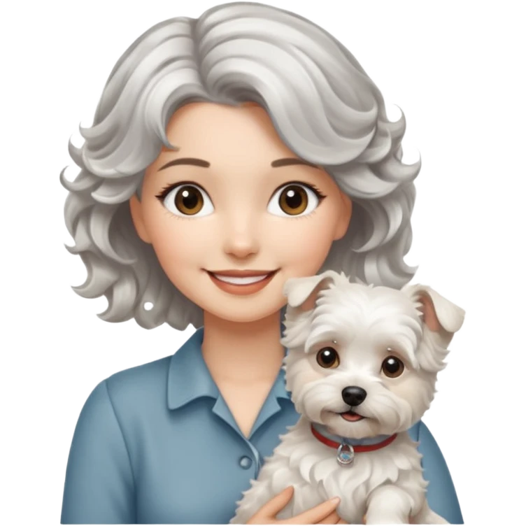 silver, short, wavy-haired with loose curls, smiling pretty lady holding a westie dog and a lhasa apso dog emoji