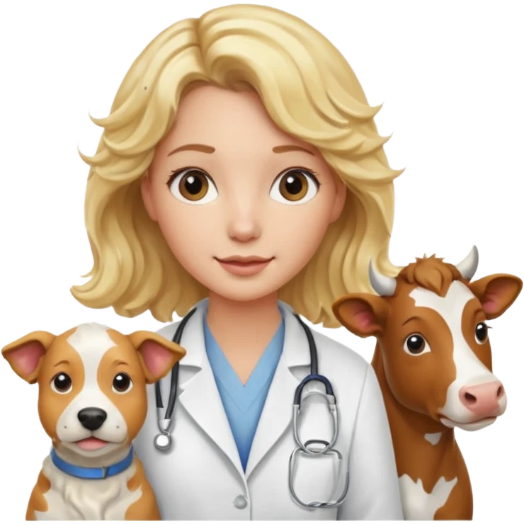 Joven mujer, de cabello rubio con ondas, veterinaria de perros, vacas y caballos emoji