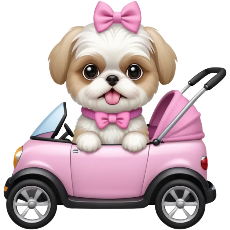 little all white shih tzu with pink bows & sweater tongue sticking out stting in white buggy emoji