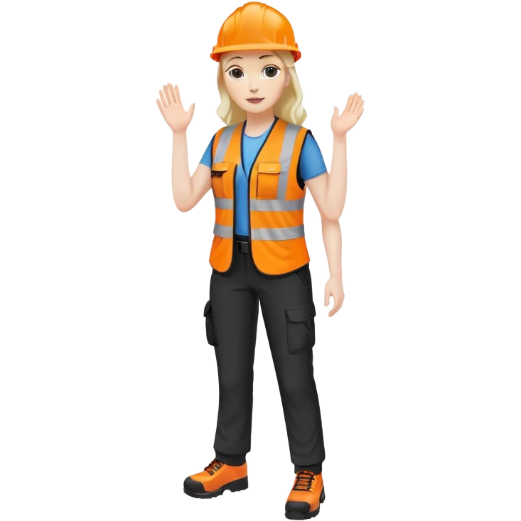 female, orange, hi-vis vest, dark trousers, shoes, hand raised emoji