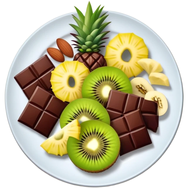 Evening snack plate with dark chocolate squares, mixed nuts, kiwi slice and pineapple chunks emoji