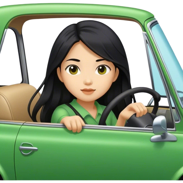 Long hair asian girl driving on her way in a green car  emoji