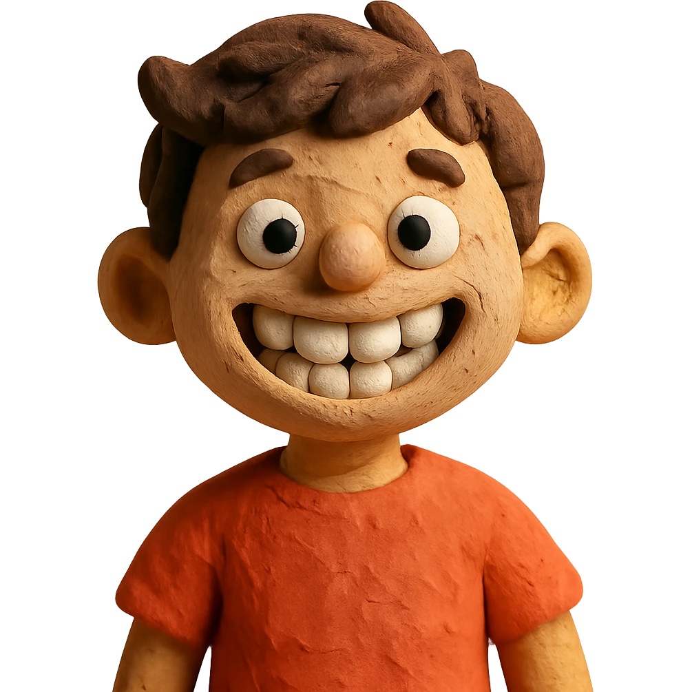 claymation style little boy smiling and showing teeth emoji