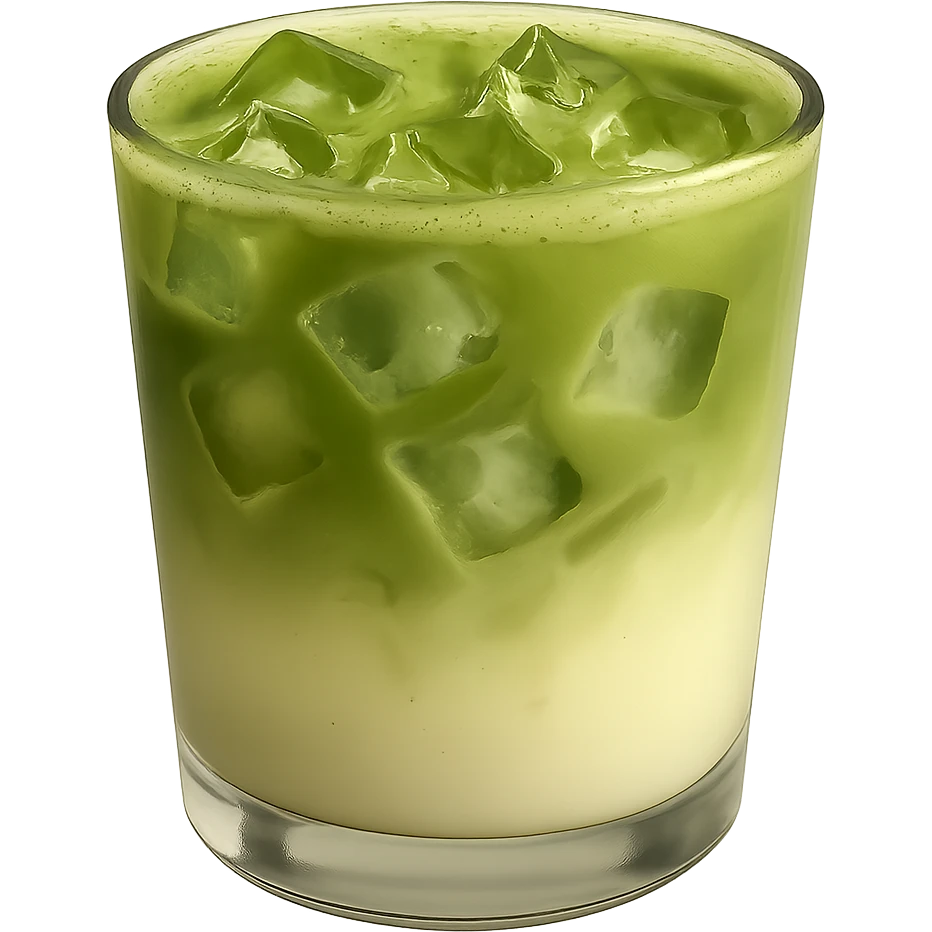 Add ice cubes to the matcha latte in the clear glass, preserve the smooth green-to-milk gradient and cozy look, no background. Keep the glass transparent and the gradient gentle and smooth. emoji