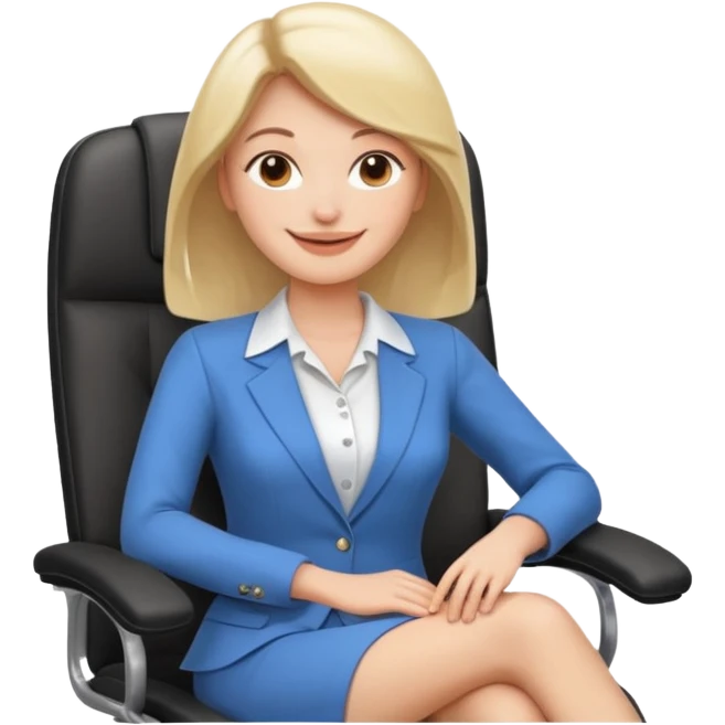 Cartoon faced woman smiling and relaxing and aligned in a chair in office make the face a cartoon character  emoji