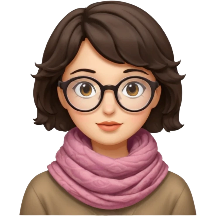 A shy brunette hair wavy short hair woman with big round glasses and thick scarf, blushing from the cold. emoji