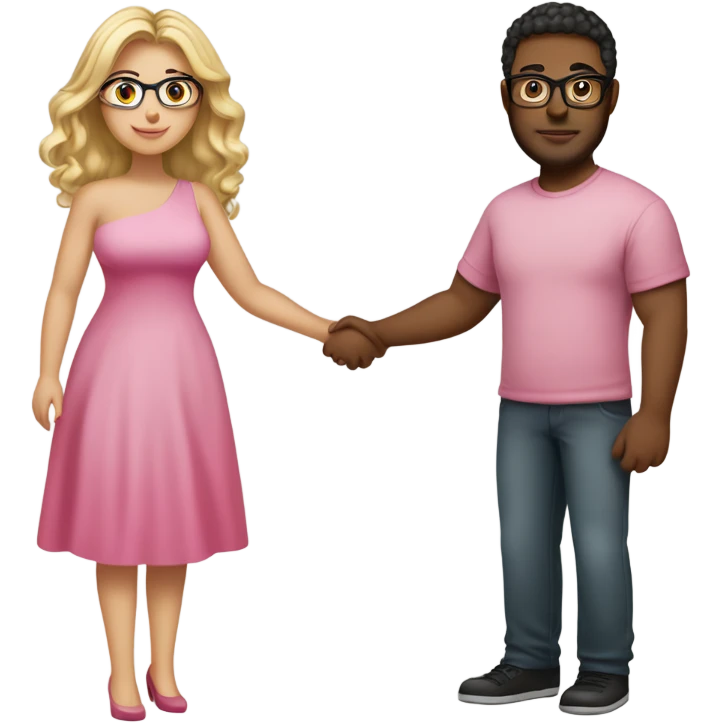 Curvy woman not wearing glasses with long blonde hair and green eyes wearing a pink dress and holding hands with a brown man with short curly black hair and glasses emoji