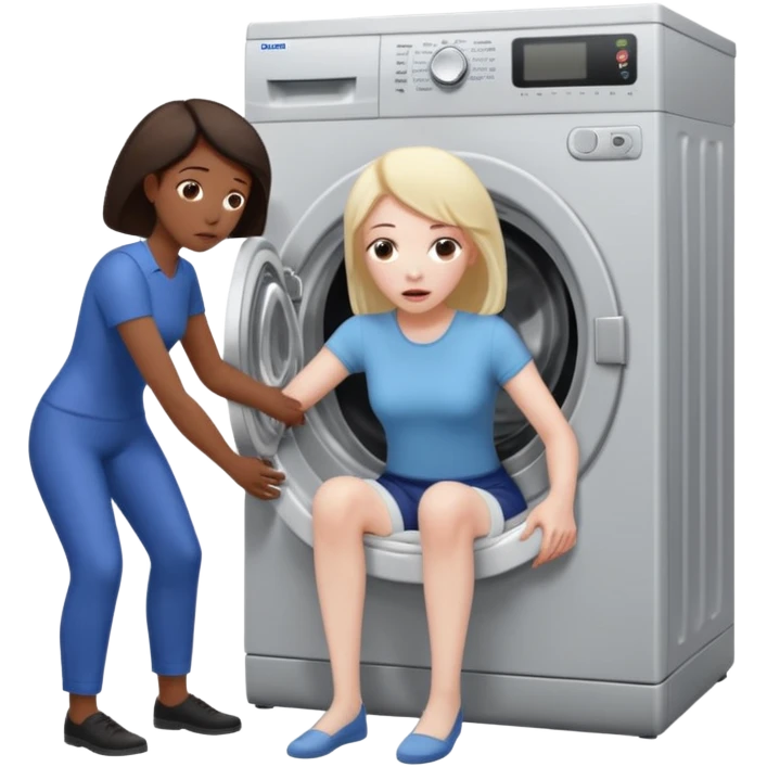 Eine Frau mit dem Kopf  in der Waschmaschine feststeckt und zwei Männer ziehen an ihren Beinen um ihr zu helfen  emoji