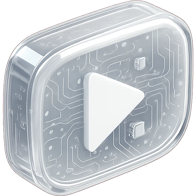 YouTube play button, white, centered, dark red background, glossy circuit style emoji