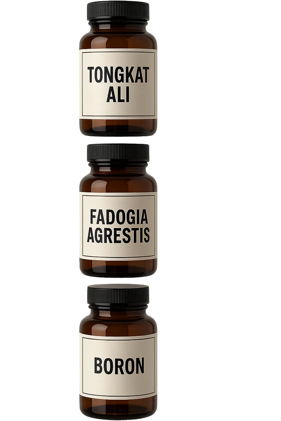 4 boccette di integratore: Tongkat Ali, Fadogia Agrestis, Boron e Zinco fluttuano in aria verticalmente emoji