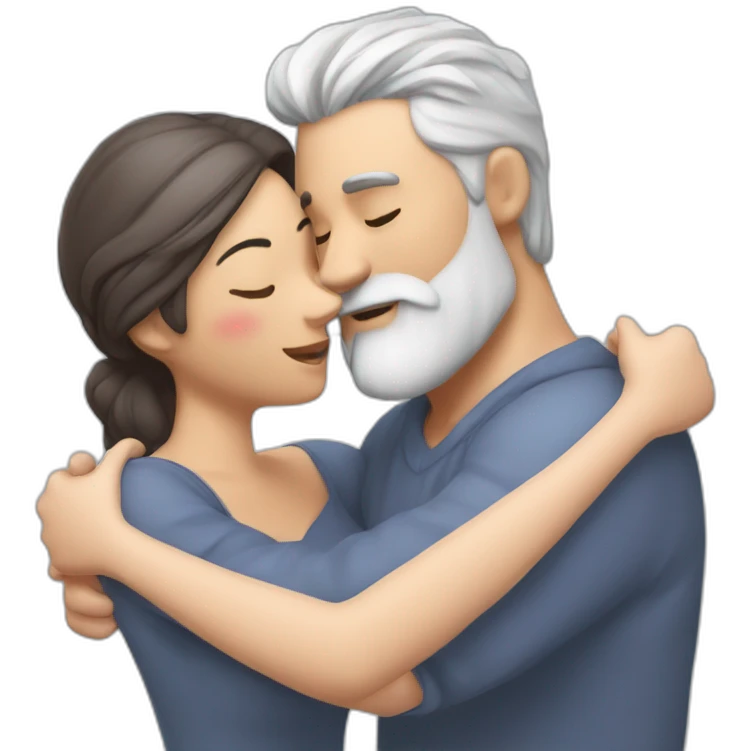 image of woman with dark brown hair kisses and hugs man with gray hair and white beard with floating hearts emoji