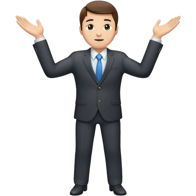 Sticker of a man in a business suit, front view, both arms extended in front of his body at waist level, below chest, hands low near the stomach, elbows slightly bent, palms facing inward as if holding an invisible box, not raised, not upward emoji