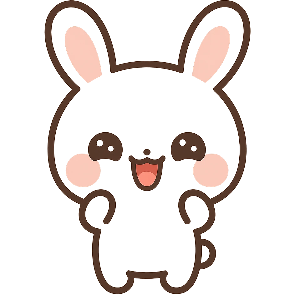 kawaii cartoon bunny, white with pink cheeks, big upright ears, pink ear insides, crescent eyes, laughing mouth, chibi style, clean lines, centered, flat colors, thick outlines, vector look, simplified shading, high-contrast expression, sticker-ready emoji