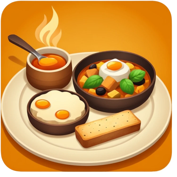 Homemade dishes on a plate, warm cozy colors, simple shapes, flat design, high contrast, friendly and inviting. emoji