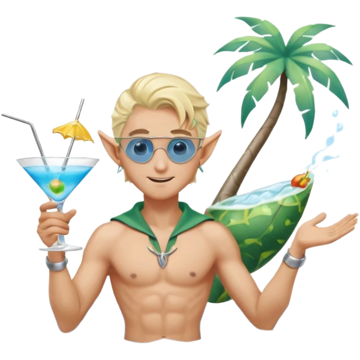 elf male legolas in stylish blue swim trunks, palm extended over cocktail glass, conjuring swirling frost and mist to chill it, silver aviator sunglasses, pointy ears, confident smirk, minimalist beach bar backdrop, centered emoji, summer magic emoji