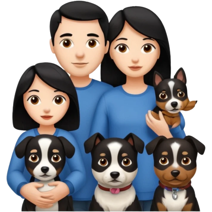Una chica de pelo negro, con su pareja hombre y sus dos perritas una cafe y la otra negra emoji