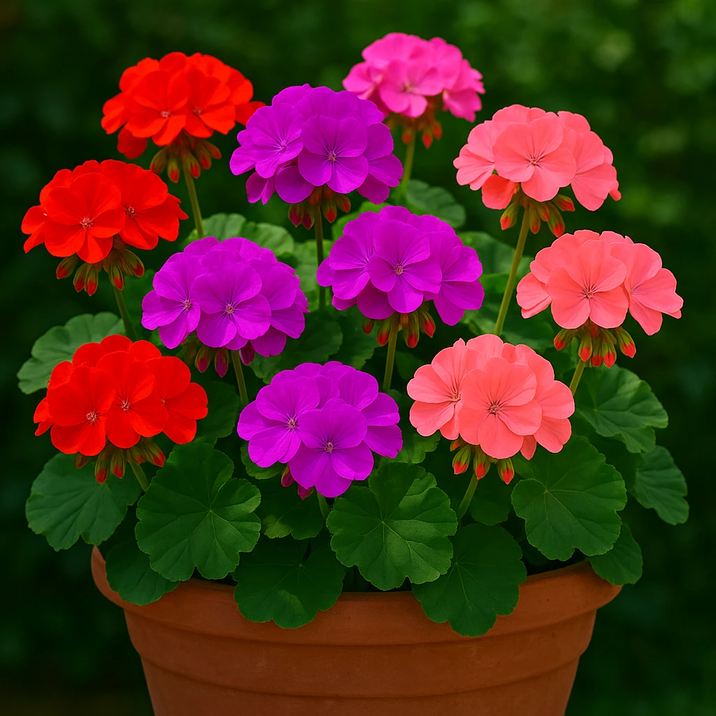 Add a flower pot under the geraniums, keep the vibrant style and colors, in a general style that supports editing. emoji