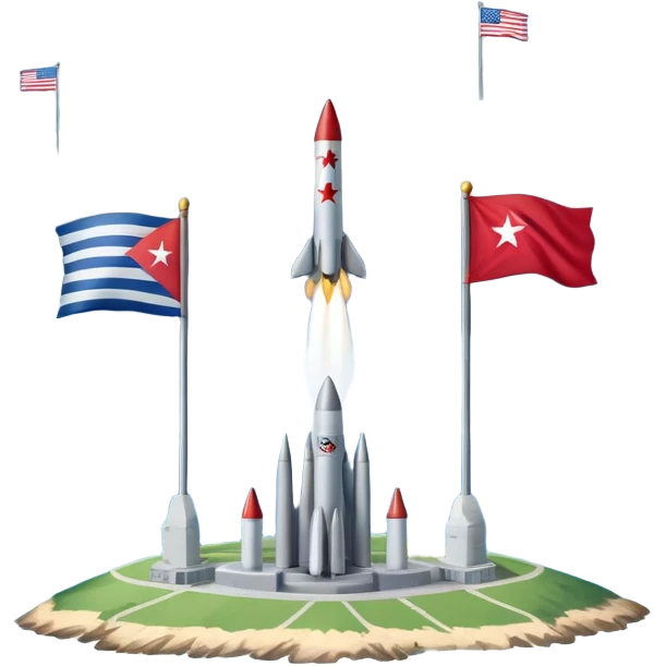 Cuba during the Cold War with Cuban island in the center, US and USSR flags on either side, missiles, tense atmosphere emoji