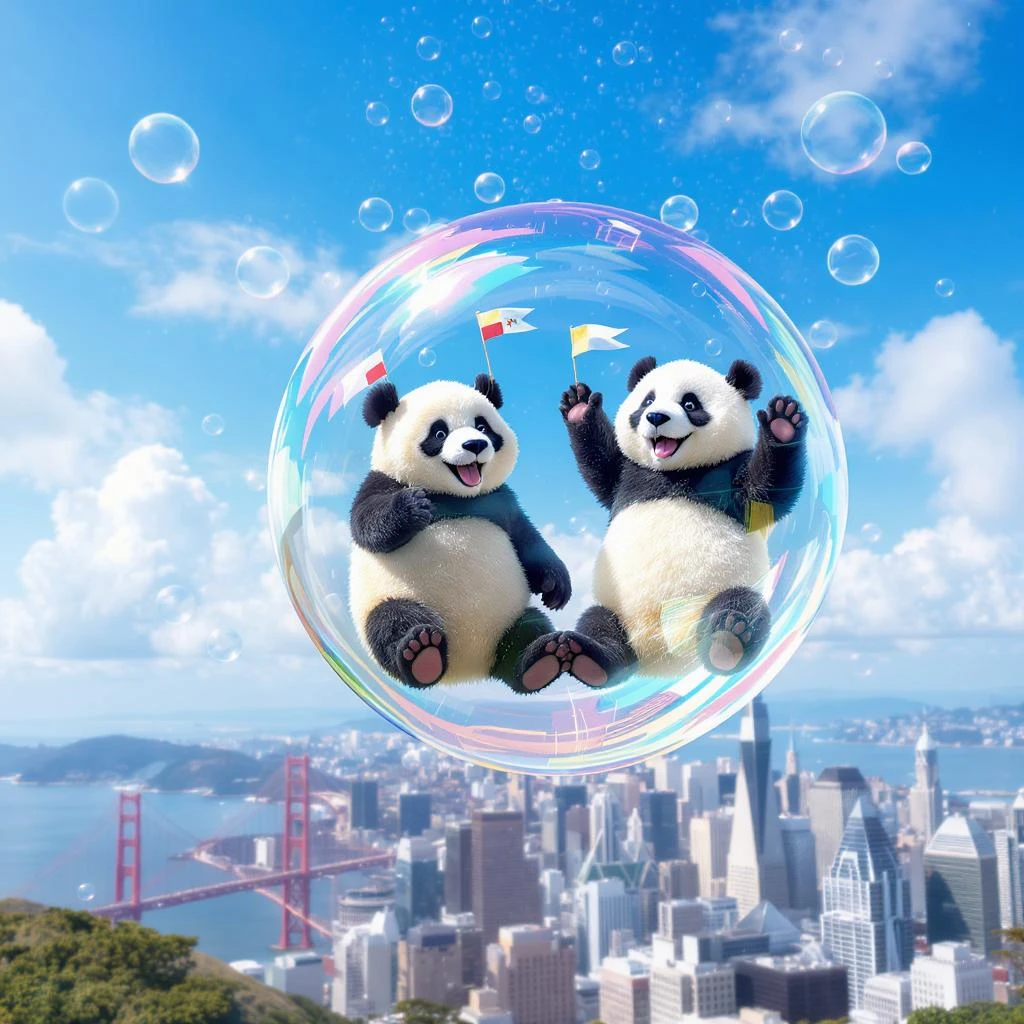 Cinematic still pandas bears sitting inside bubbles flying around San Francisco downtown, sunny summer day, happy vibe emoji