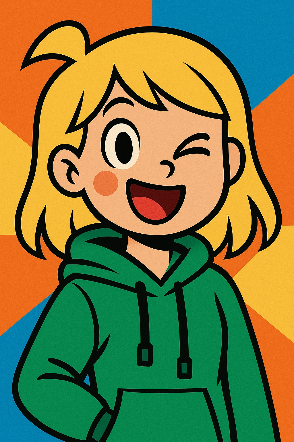 a blonde girl in a green hoodie winking emoji