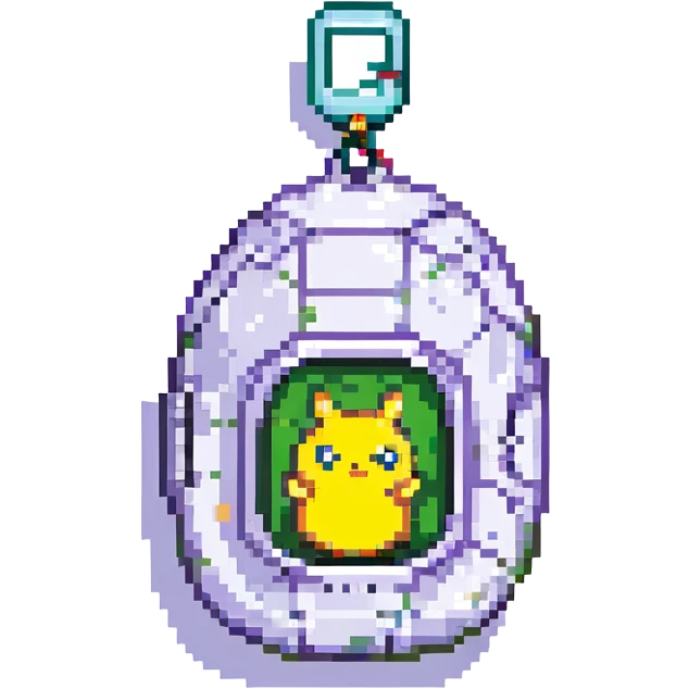 Tamagotchi virtual pet device, pixel art style, egg shaped, three buttons, Mametchi on screen, keychain, retro digital look emoji