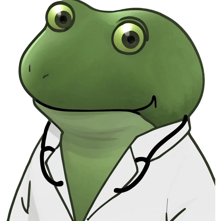 bufo frog, doctor's coat, sad eyes, looking at camera emoji