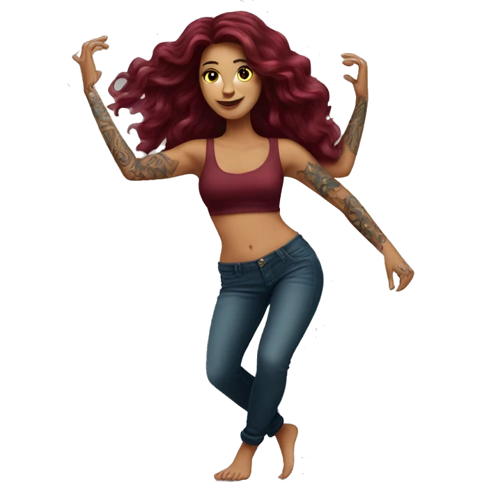 Beautiful tattooed burgundy long haired woman dancing emoji