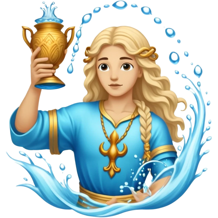 The zodiac symbol Aquarius. A mystical and beautiful water bearer, holding and pouring water from a large, intricate, and arcane vase into the sea emoji