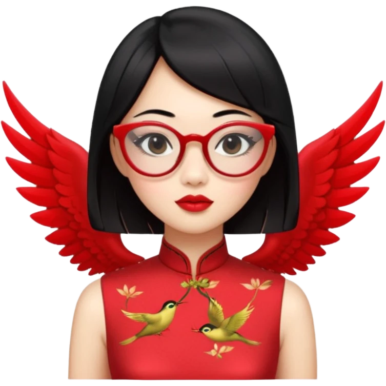 an oriental lady wearing red cheongsam, red lipstick, winged eyeliner, fair light a bit pink skin, small nose, a bit thick sensual lips, not too slim but not fat, wearing transparent glasses, black hair mid length emoji