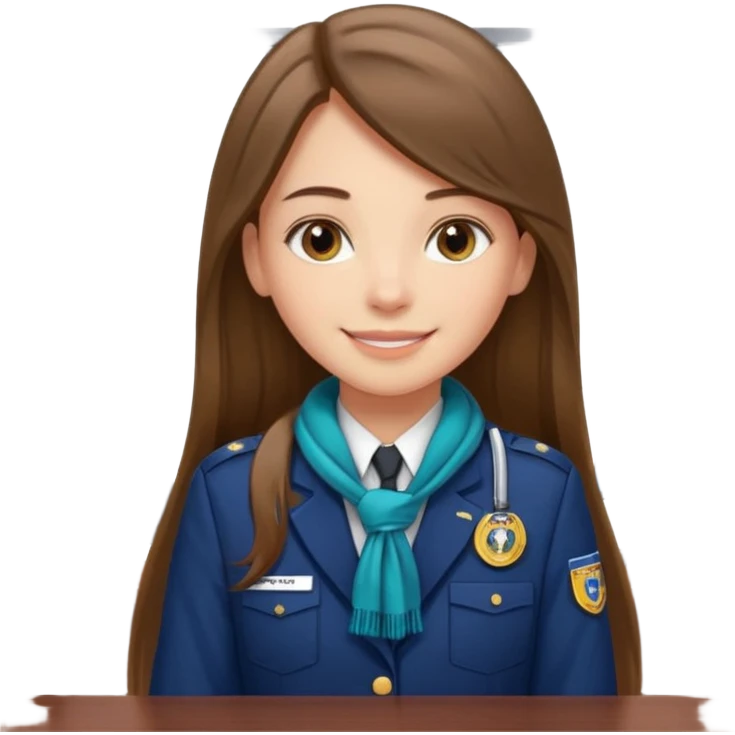 Young girl, long brown straight hair, wearing uniform jacket with hotel name badge, tasteful scarf, stand behind the desk

 emoji