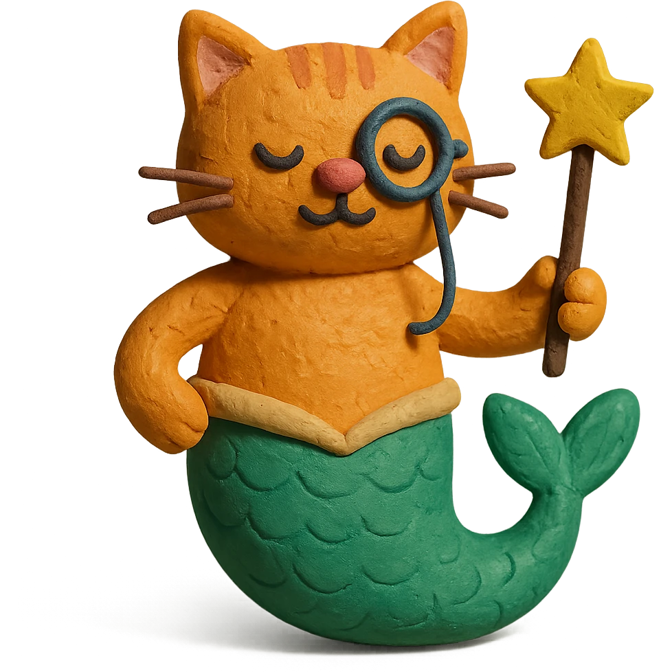 half cat half mermaid with a monocle and a magic wand in claymation style emoji