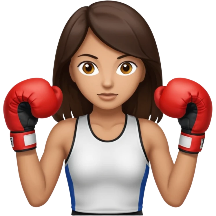 An woman with long dark brown hair light brown eyes in boxing gloves emoji