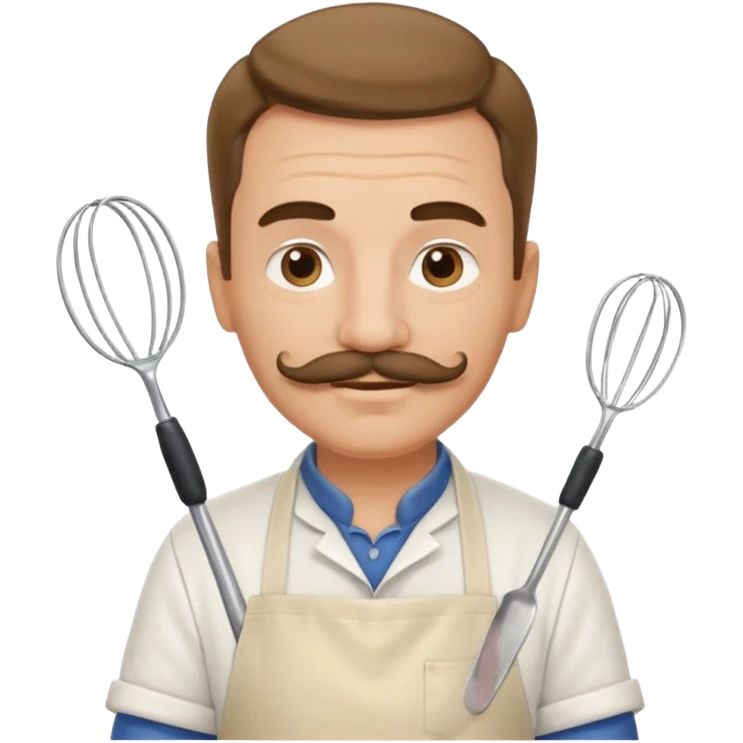Middle-aged male pastry chef – mustache, wearing apron and whisk in hand
 emoji