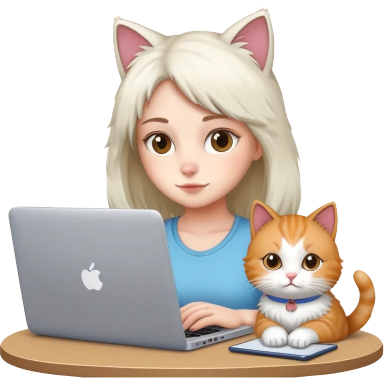 A girl is working hard on a laptop with a cat next to it emoji