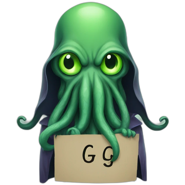 cthulhu with a beard holding a sign saying GG emoji
