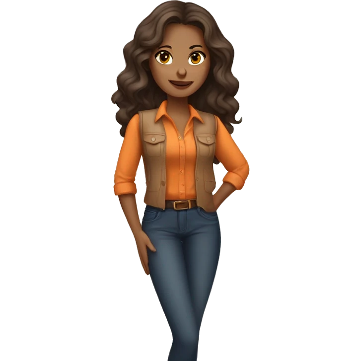 a charming tanned woman long wavy chocolate hair, caramel eyes, beige shirt, orange vest emoji