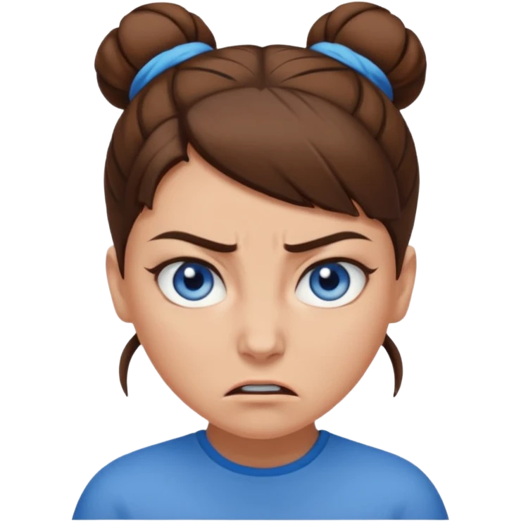 Girl with blue eyes, brown hair in a brown bun, no bangs, angry emoji