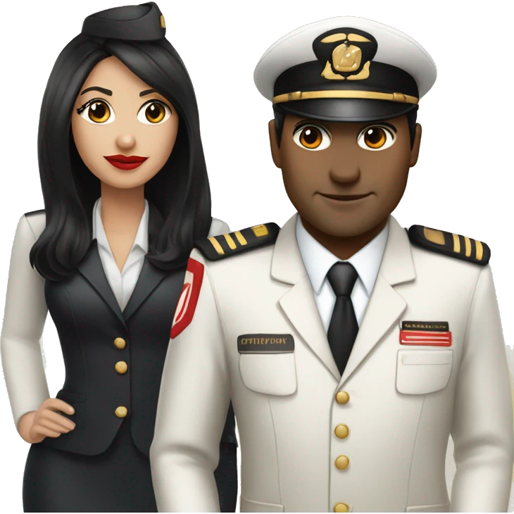 Flight attendant with long black hair, red lips and white skin with a pilot man with beige skin and black hair emoji