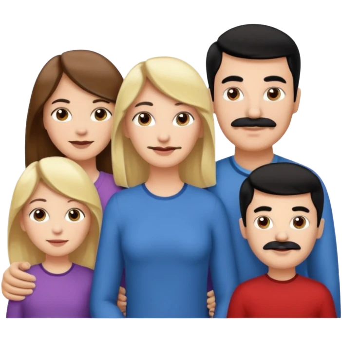 Mom with brown hair. Dad with black hair and mustache. 1 son with blonde hair. 1 son with blonde hair. 1 daughter with blonde hair. emoji