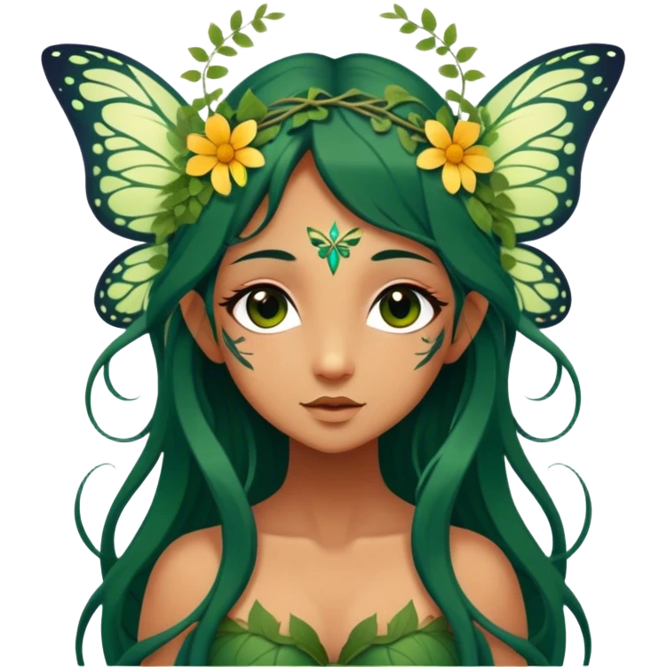 Cinematic Realistic Forest Nymph Fairy Portrait, depicted with lifelike, sun-kissed tanned skin that radiates an earthy glow, softly illuminated by natural, dappled light. Her long, flowing dark green hair is intricately detailed and interwoven with delicate vines and wildflowers, while her deep, soulful eyes mirror the wisdom of the forest. Dressed in an attire inspired by nature’s palette—with subtle botanical motifs—the portrait exudes a soft, enchanted glow that melds realism with woodland magic showing her large butterfly wings. emoji