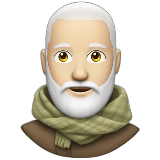 White head shaved man with a scarf on the back of the head wearing a beard emoji