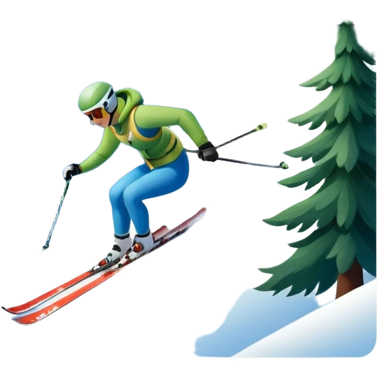 An icon featuring snowy peaks, pine trees, and a picturesque mountain landscape with a skier racing down a snow-covered slope. The sky is blue with soft clouds, capturing the thrill and beauty of alpine skiing. Transparent background highlights the excitement and serenity of winter sports. emoji