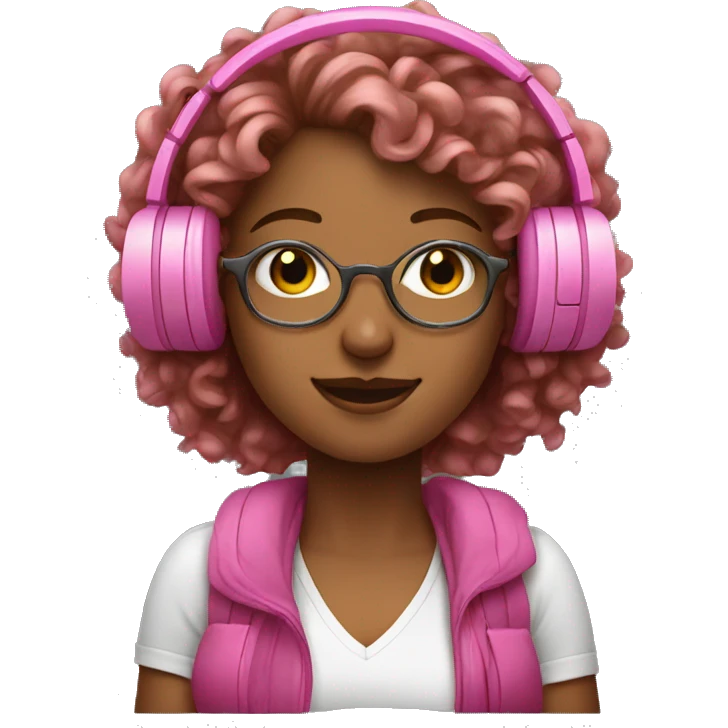 Long curly haired woman listening to music with pink headphones emoji