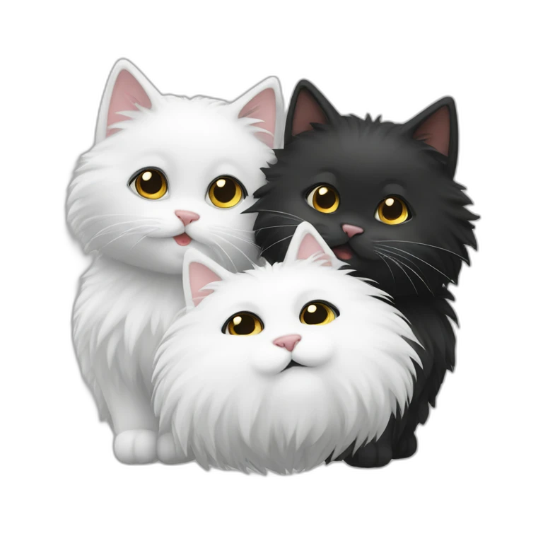 Two cute fluffy cats one black and one white kissing emoji