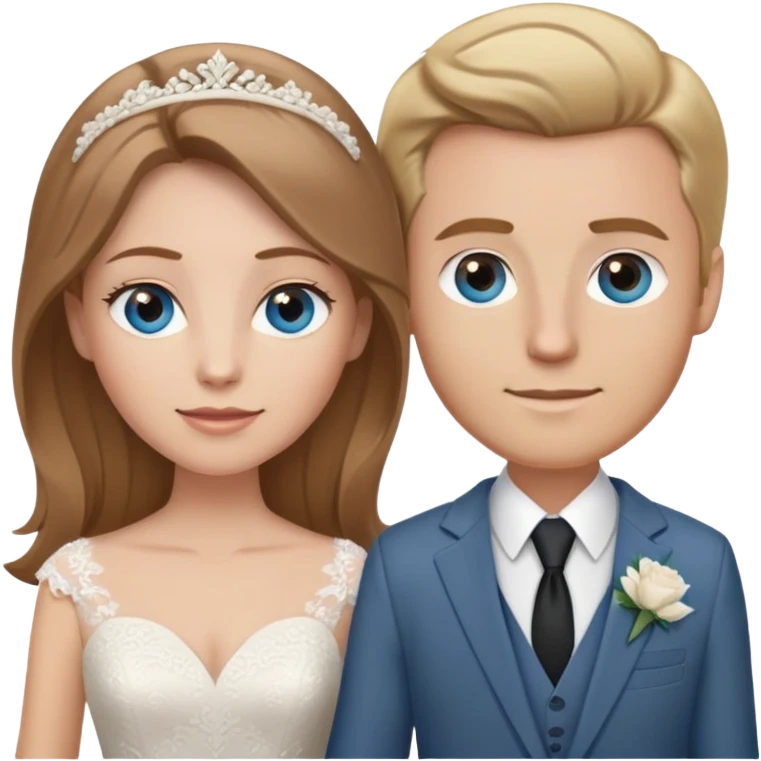 portrait of a bride with light brown hair and grey-blue eyes, and a groom with blonde hair, blue eyes, wearing a brown suit emoji