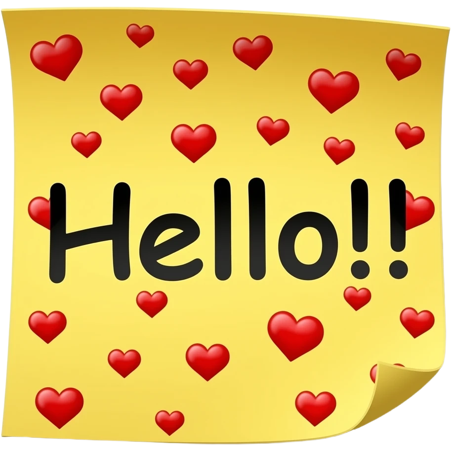 sticky note that says "Hello!!" with many tiny red heart in transparent background emoji