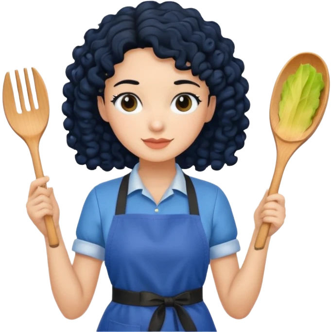 woman with curly black hair in blue apron emoji