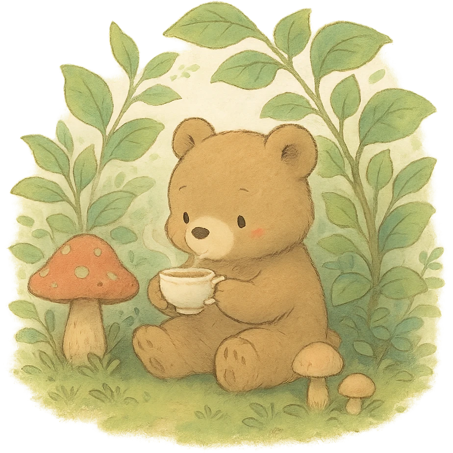 little bear sipping tea in the forest, surrounded by leaves and mushrooms, soft Ghibli style emoji