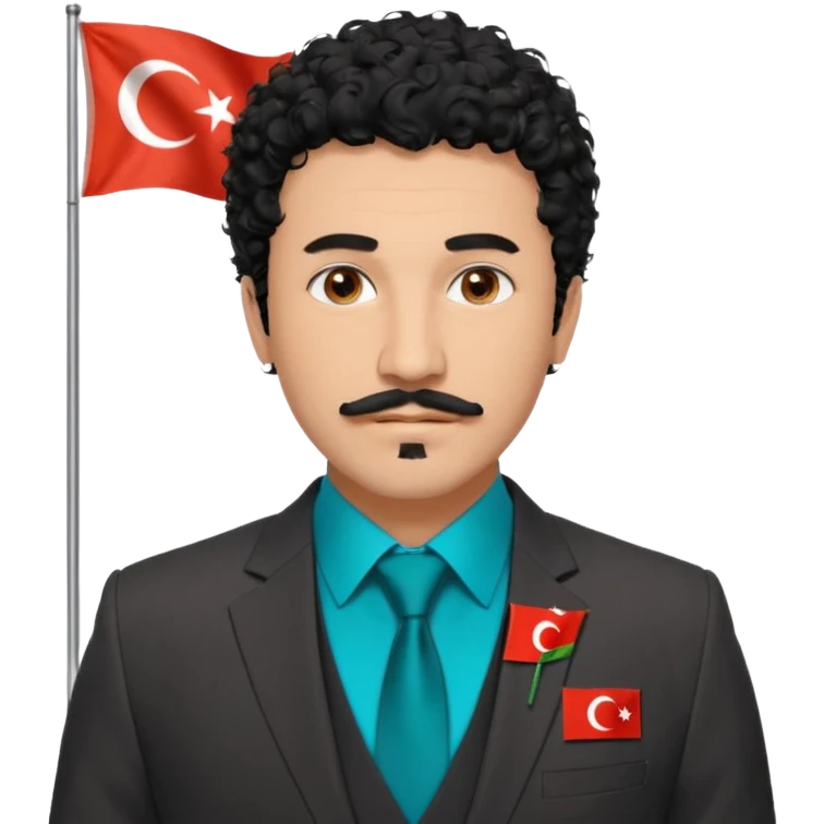 Black curly hair, messy and thrown forward, brown eyes, a goatee, thin mustache, wearing a suit. On the suit, there is a small Turkish flag detail on the chest, and on the other side of the chest, it says 'BST' — with 'B' in orange, 'S' in turquoise, and 'T' in navy blue. emoji